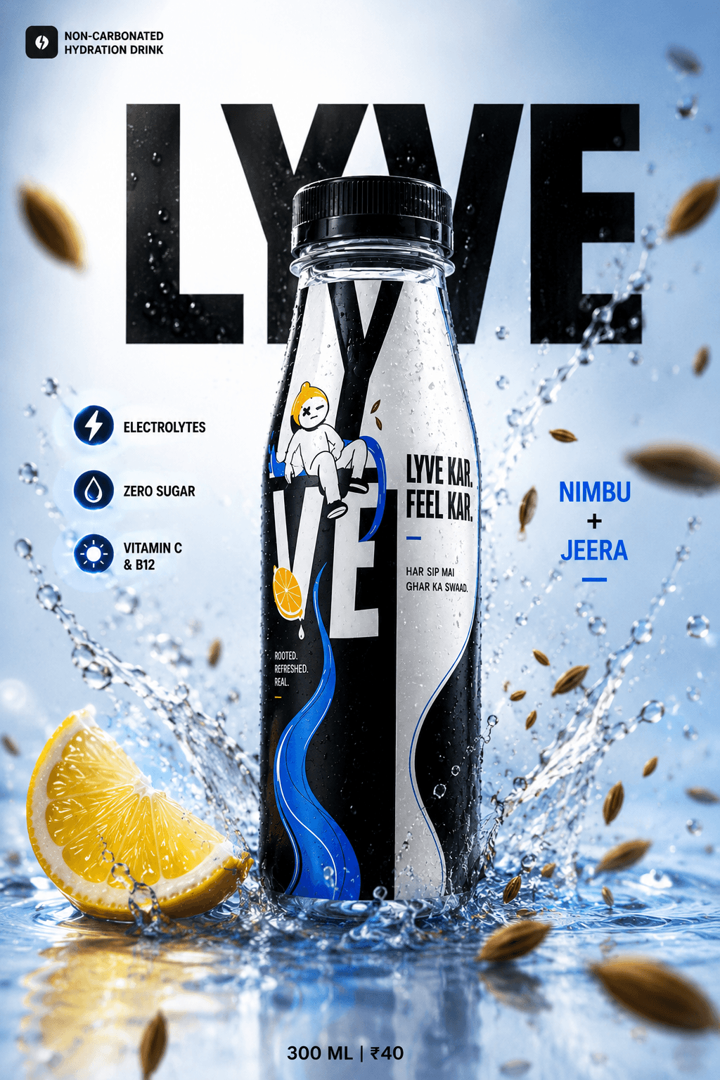 LYVE Nimbu and Jeera hydration drink bottle with lemon, cumin, and water